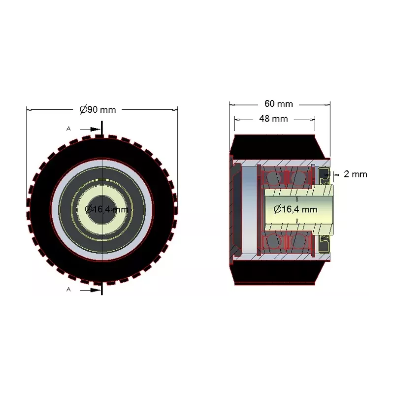 Rullo n. 204 – rullo di supporto in acciaio e gomma Ø90 mm per macchine ROPA | OEM ROPA 252079 | produttore KiJ