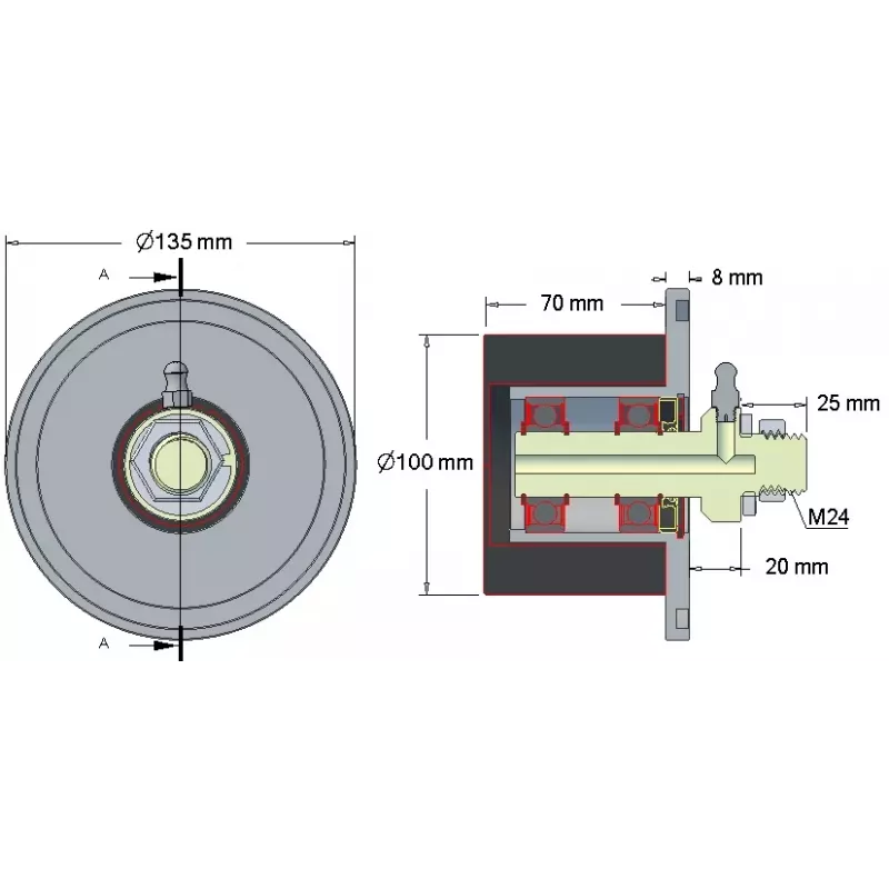 Rullo n. 8 – rullo di rinvio in acciaio e gomma Ø100 mm per macchine Grimme | OEM Grimme 200.16029, 088.00325, 088.00324 | produttore KiJ