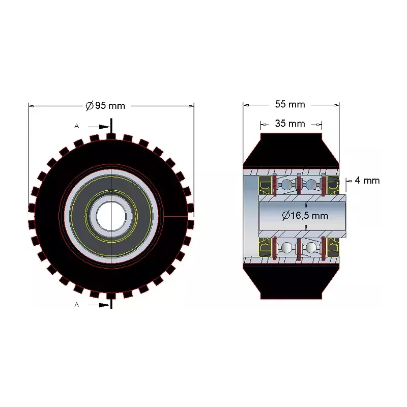 Rullo n. 26 – rullo di supporto in acciaio e gomma Ø95 mm per macchine ROPA | OEM ROPA 252079 | produttore KiJ