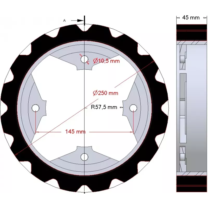 Rullo n. 274 – rullo motore in acciaio e gomma Ø250 mm per macchine Dewulf | OEM Dewulf 0000005328 | produttore KiJ