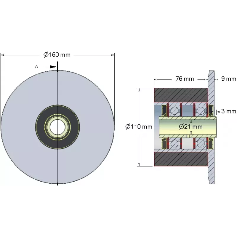 Rullo n. 23H – rullo di supporto in acciaio e gomma Ø110 mm per macchine Holmer | OEM Holmer 1130020688 | produttore KiJ