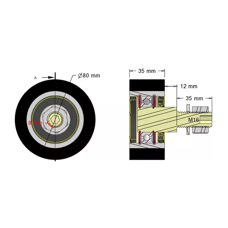 Rullo n. 313 – rullo di supporto in acciaio e gomma Ø80 mm per macchine Guaresi | OEM Guaresi P7714120000 | produttore KiJ