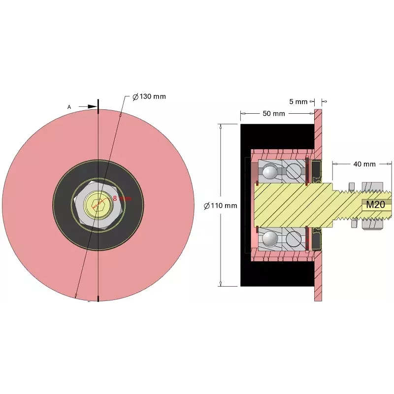 Rullo n. 324 – rullo di supporto in acciaio e gomma Ø110 mm per macchine Sandei | OEM Sandei D0022 | produttore KiJ