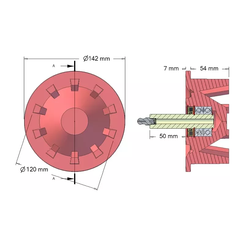 Rullo n. 56 – rullo di rinvio in ghisa Ø120 mm, passo 40 mm, per macchine Stoll | OEM Stoll 1507970, 1507980 | produttore KiJ