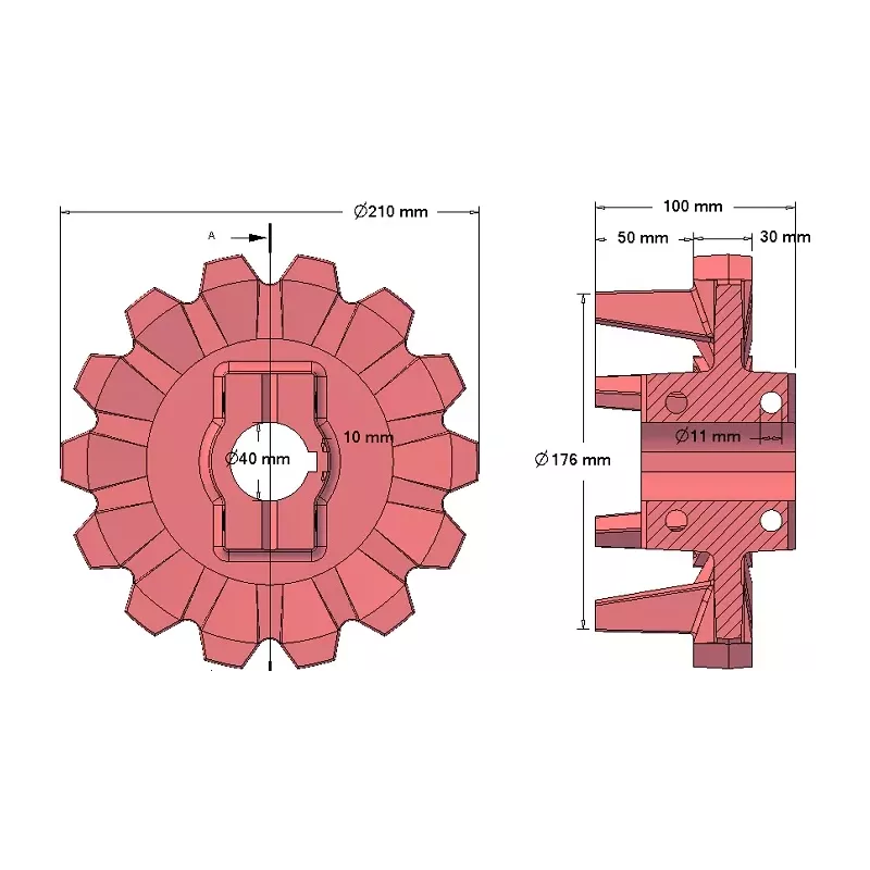 Rullo n. 123 – rullo motore in ghisa Ø176 mm, passo 42 mm, per raccoglipatate Anna Z644 | OEM Anna 564438002 | produttore KiJ