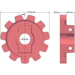 Rullo n. 149 – rullo motore in ghisa Ø152 mm, passo 40 mm | OEM 10.21.05-2 | produttore KiJ